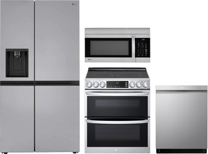 LG 4 Piece Kitchen Appliances Package with Side-by-Side Refrigerator, Electric Range, Dishwasher and Over the Range Microwave in Stainless Steel LGRER