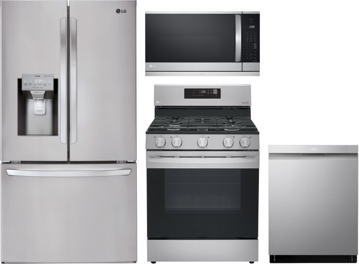 LG 4 Piece Kitchen Appliances Package with French Door Refrigerator, Gas Range, Dishwasher and Over the Range Microwave in Stainless Steel LGRERADWMW2