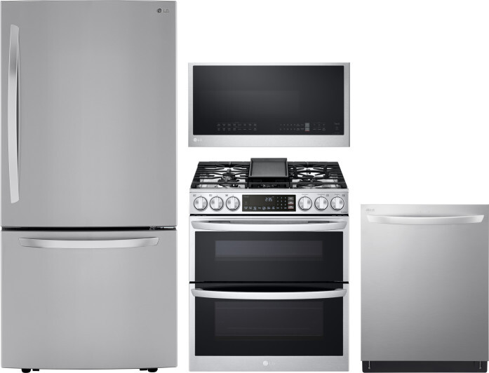LG 4 Piece Kitchen Appliances Package with Bottom Freezer Refrigerator, Gas Range, Dishwasher and Over the Range Microwave in Stainless Steel LGRERADW