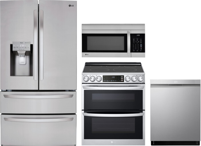 LG 4 Piece Kitchen Appliances Package with French Door Refrigerator, Electric Range, Dishwasher and Over the Range Microwave in Stainless Steel LGRERA