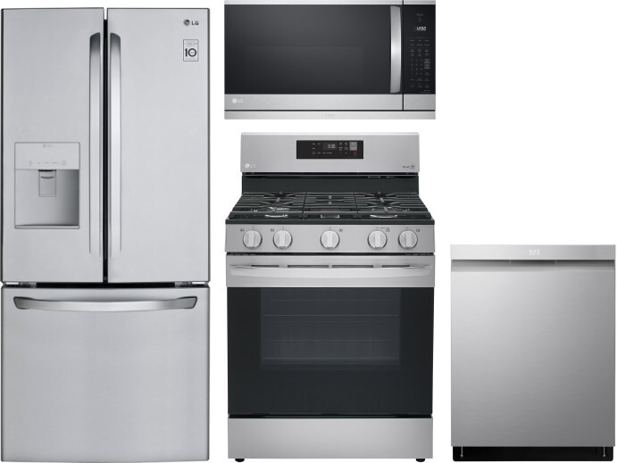 LG 4 Piece Kitchen Appliances Package with French Door Refrigerator, Gas Range, Dishwasher and Over the Range Microwave in Stainless Steel LGRERADWMW2