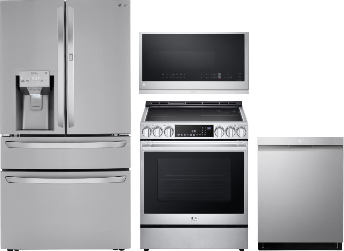 LG 4 Piece Kitchen Appliances Package with French Door Refrigerator, Induction Range, Dishwasher and Over the Range Microwave in Stainless Steel LGRER