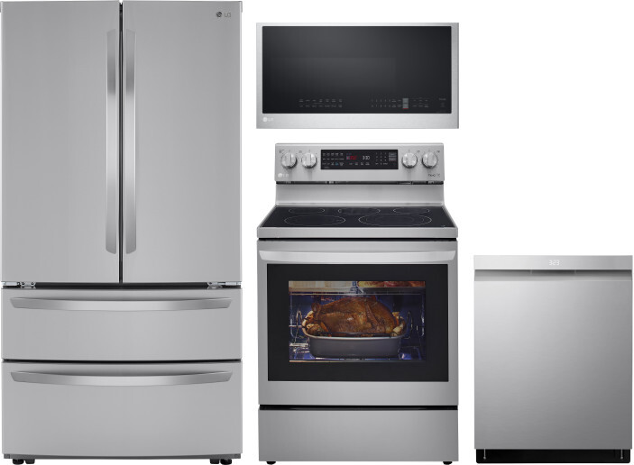 LG 4 Piece Kitchen Appliances Package with French Door Refrigerator, Electric Range, Dishwasher and Over the Range Microwave in Stainless Steel LGRERA