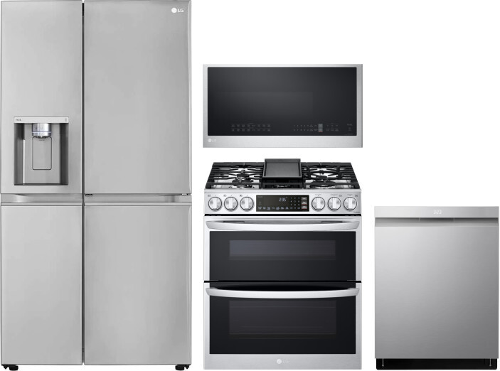 LG 4 Piece Kitchen Appliances Package with Side-by-Side Refrigerator, Gas Range, Dishwasher and Over the Range Microwave in Stainless Steel LGRERADWMW