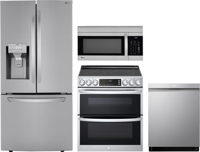 LG 4 Piece Kitchen Appliances Package with French Door Refrigerator, Electric Range, Dishwasher and Over the Range Microwave in Stainless Steel LGRERA