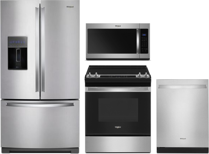 Whirlpool 4 Piece Kitchen Appliances Package with French Door Refrigerator, Electric Range, Dishwasher and Over the Range Microwave in Stainless Steel