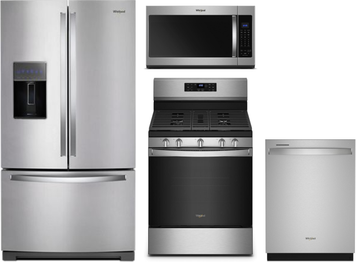 Whirlpool 4 Piece Kitchen Appliances Package with French Door Refrigerator, Gas Range, Dishwasher and Over the Range Microwave in Stainless Steel WPRE
