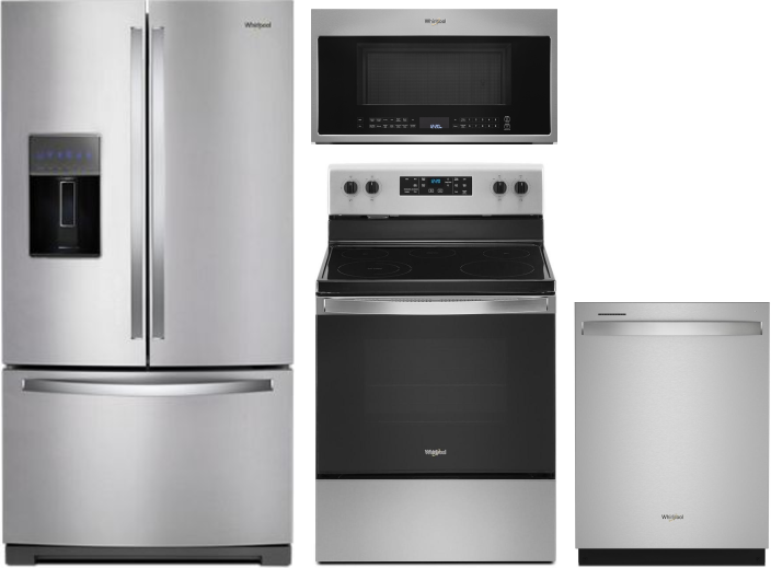Whirlpool 4 Piece Kitchen Appliances Package with French Door Refrigerator, Electric Range, Dishwasher and Over the Range Microwave in Stainless Steel
