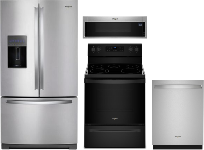Whirlpool 4 Piece Kitchen Appliances Package with French Door Refrigerator, Electric Range, Dishwasher and Over the Range Microwave in Stainless Steel