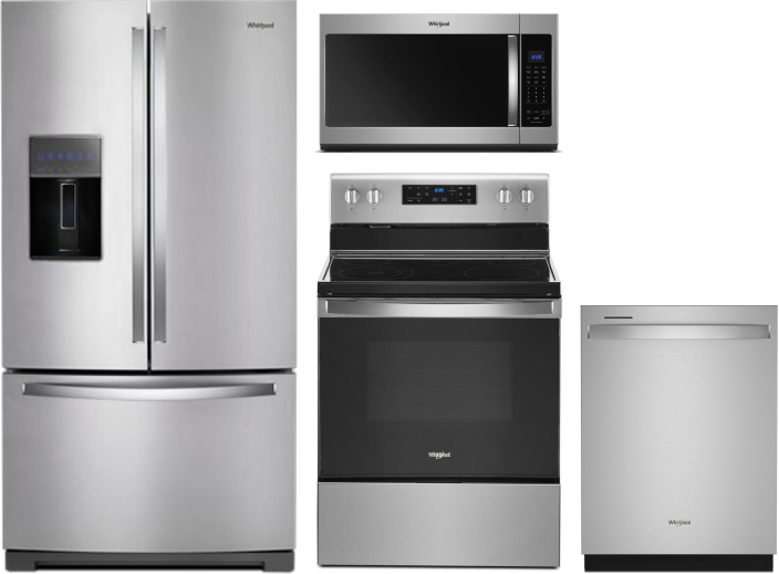 Whirlpool 4 Piece Kitchen Appliances Package with French Door Refrigerator, Electric Range, Dishwasher and Over the Range Microwave in Stainless Steel