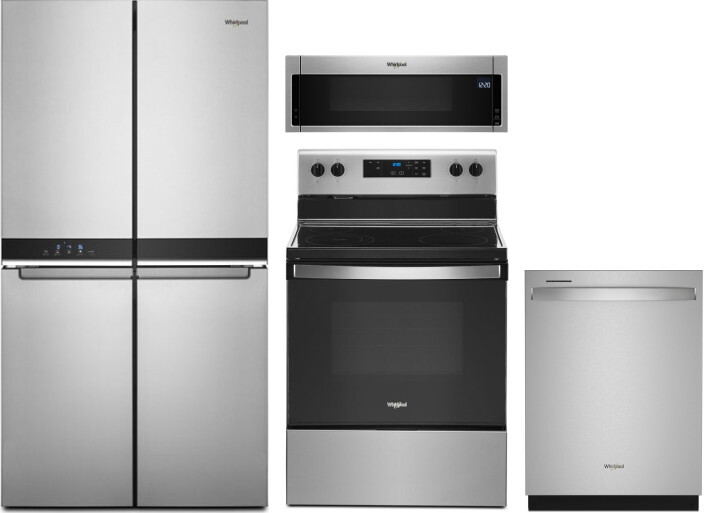 Whirlpool 4 Piece Kitchen Appliances Package with French Door Refrigerator, Electric Range, Dishwasher and Over the Range Microwave in Stainless Steel