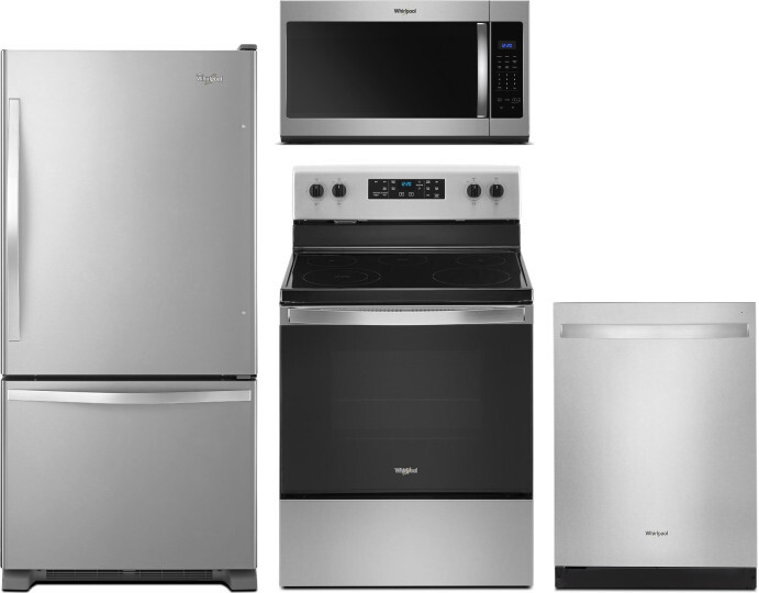 Whirlpool 4 Piece Kitchen Appliances Package with Bottom Freezer Refrigerator, Electric Range, Dishwasher and Over the Range Microwave in Stainless St