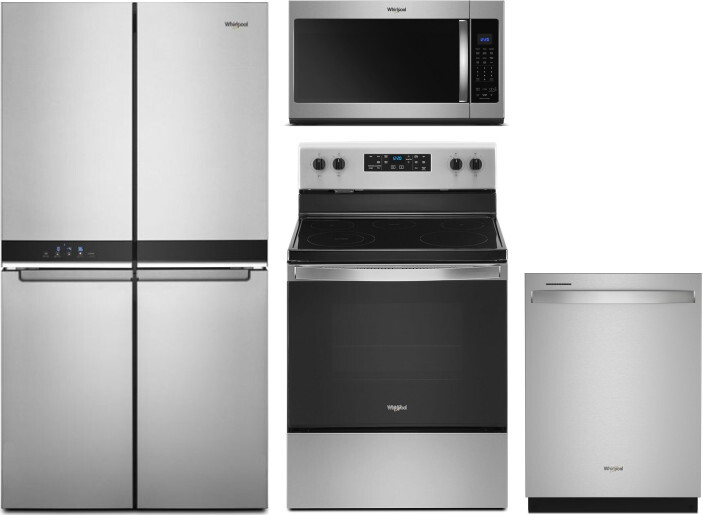 Whirlpool 4 Piece Kitchen Appliances Package with French Door Refrigerator, Electric Range, Dishwasher and Over the Range Microwave in Stainless Steel