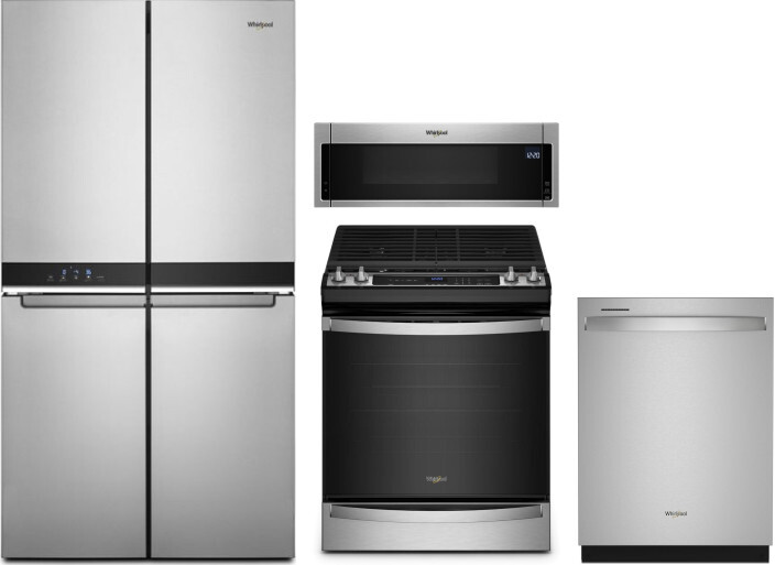 Whirlpool 4 Piece Kitchen Appliances Package with French Door Refrigerator, Gas Range, Dishwasher and Over the Range Microwave in Stainless Steel WPRE