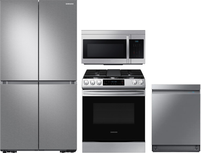 Samsung 4 Piece Kitchen Appliances Package with French Door Refrigerator, Gas Range, Dishwasher and Over the Range Microwave in Stainless Steel SARERA