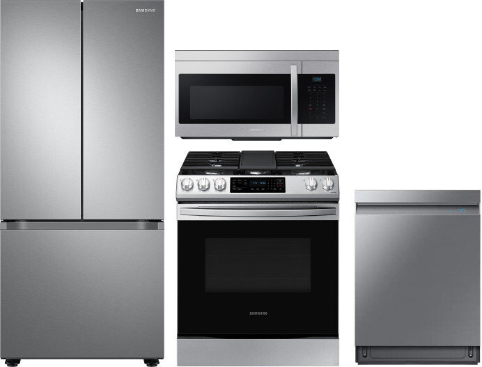 Samsung 4 Piece Kitchen Appliances Package with French Door Refrigerator, Gas Range, Dishwasher and Over the Range Microwave in Stainless Steel SARERA