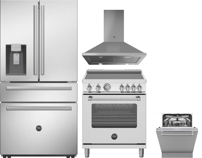 Bertazzoni 4 Piece Kitchen Appliances Package with French Door Refrigerator, Induction Range and Dishwasher in Stainless Steel BERERADWRH1036
