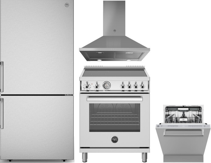Bertazzoni 4 Piece Kitchen Appliances Package with Bottom Freezer Refrigerator, Induction Range and Dishwasher in Stainless Steel BERERADWRH1049