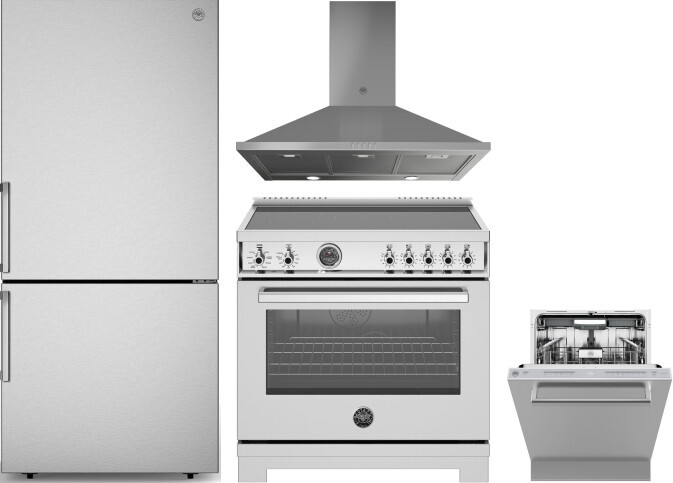 Bertazzoni 4 Piece Kitchen Appliances Package with Bottom Freezer Refrigerator, Induction Range and Dishwasher in Stainless Steel BERERADWRH1050