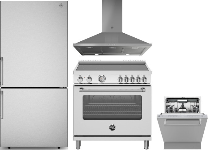 Bertazzoni 4 Piece Kitchen Appliances Package with Bottom Freezer Refrigerator, Induction Range and Dishwasher in Stainless Steel BERERADWRH1051
