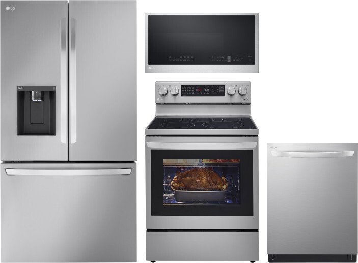 LG 4 Piece Kitchen Appliances Package with French Door Refrigerator, Electric Range, Dishwasher and Over the Range Microwave in Stainless Steel LGRERA
