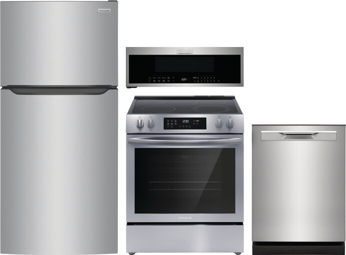 Frigidaire 4 Piece Kitchen Appliances Package with Top Freezer Refrigerator, Electric Range, Dishwasher and Over the Range Microwave in Stainless Stee