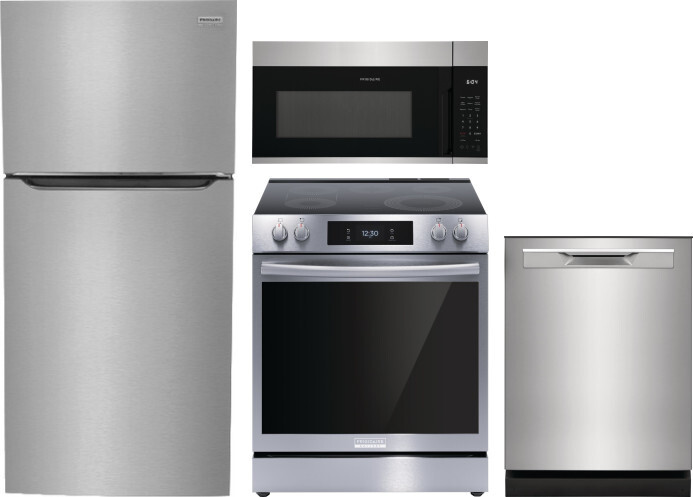 Frigidaire 4 Piece Kitchen Appliances Package with Top Freezer Refrigerator, Electric Range, Dishwasher and Over the Range Microwave in Stainless Stee