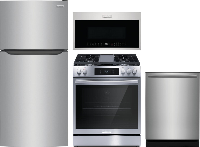 Frigidaire 4 Piece Kitchen Appliances Package with Top Freezer Refrigerator, Gas Range, Dishwasher and Over the Range Microwave in Stainless Steel FRR