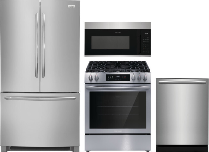 Frigidaire 4 Piece Kitchen Appliances Package with French Door Refrigerator, Gas Range, Dishwasher and Over the Range Microwave in Stainless Steel FRR