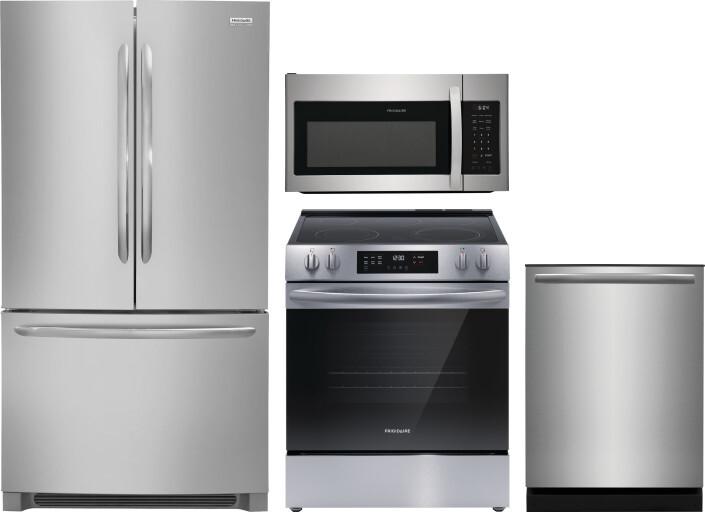 Frigidaire 4 Piece Kitchen Appliances Package with French Door Refrigerator, Electric Range, Dishwasher and Over the Range Microwave in Stainless Stee