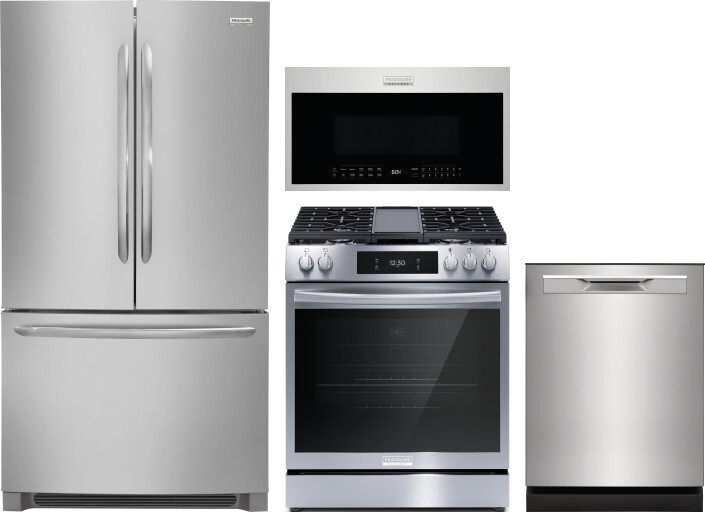 Frigidaire 4 Piece Kitchen Appliances Package with French Door Refrigerator, Gas Range, Dishwasher and Over the Range Microwave in Stainless Steel FRR
