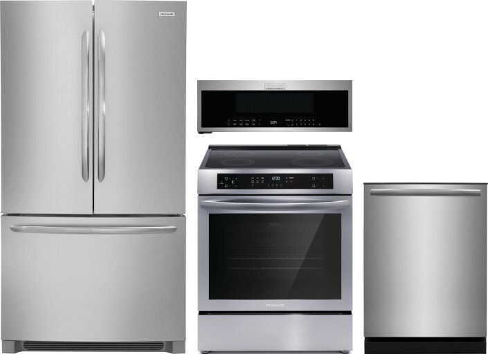Frigidaire 4 Piece Kitchen Appliances Package with French Door Refrigerator, Induction Range, Dishwasher and Over the Range Microwave in Stainless Ste