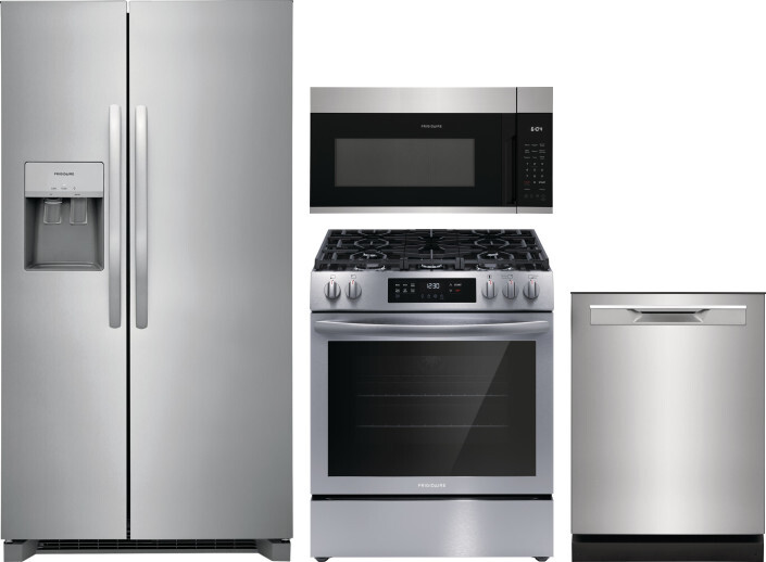 Frigidaire 4 Piece Kitchen Appliances Package with Side-by-Side Refrigerator, Gas Range, Dishwasher and Over the Range Microwave in Stainless Steel FR