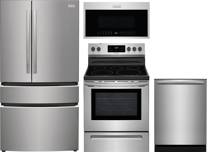 Frigidaire 4 Piece Kitchen Appliances Package with French Door Refrigerator, Electric Range, Dishwasher and Over the Range Microwave in Stainless Stee -  GRMG2272CF