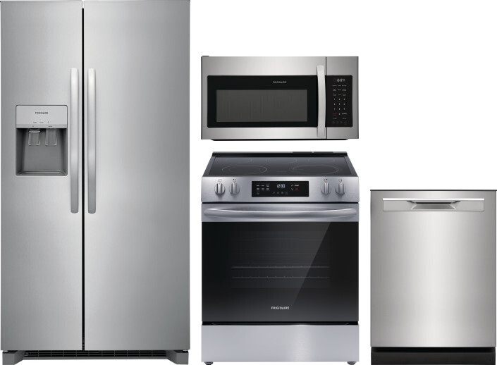 Frigidaire 4 Piece Kitchen Appliances Package with Side-by-Side Refrigerator, Electric Range, Dishwasher and Over the Range Microwave in Stainless Ste