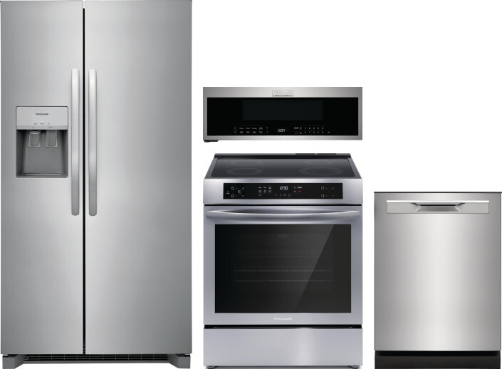 Frigidaire 4 Piece Kitchen Appliances Package with Side-by-Side Refrigerator, Induction Range, Dishwasher and Over the Range Microwave in Stainless St