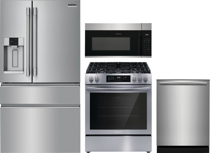 Frigidaire 4 Piece Kitchen Appliances Package with French Door Refrigerator, Gas Range, Dishwasher and Over the Range Microwave in Stainless Steel FRR