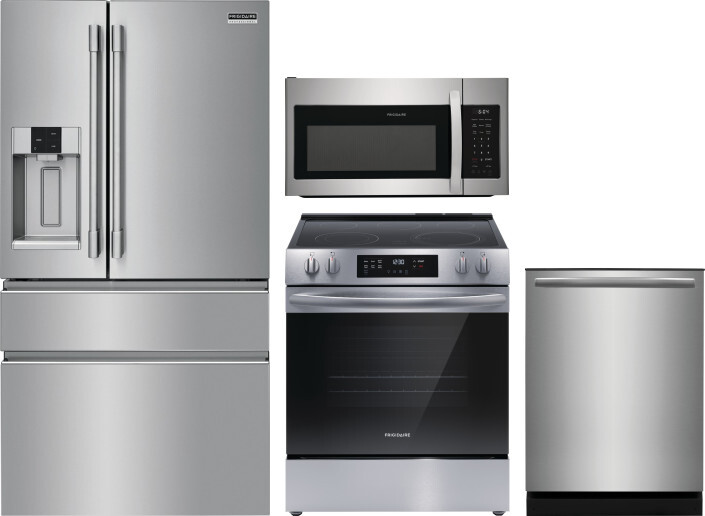 Frigidaire 4 Piece Kitchen Appliances Package with French Door Refrigerator, Electric Range, Dishwasher and Over the Range Microwave in Stainless Stee