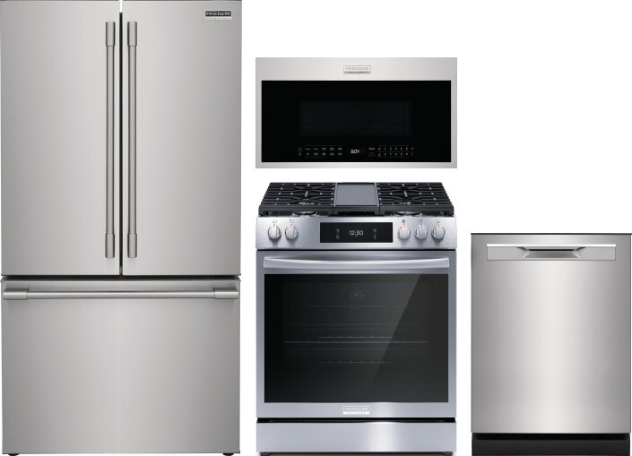 Frigidaire 4 Piece Kitchen Appliances Package with French Door Refrigerator, Gas Range, Dishwasher and Over the Range Microwave in Stainless Steel FRR