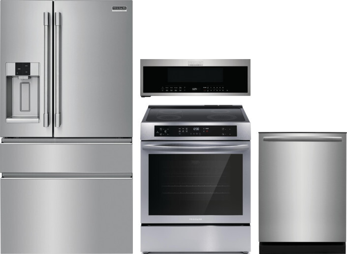 Frigidaire 4 Piece Kitchen Appliances Package with French Door Refrigerator, Induction Range, Dishwasher and Over the Range Microwave in Stainless Ste