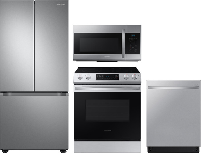 Samsung 4 Piece Kitchen Appliances Package with French Door Refrigerator, Electric Range, Dishwasher and Over the Range Microwave in Stainless Steel S -  RF22A4121SR