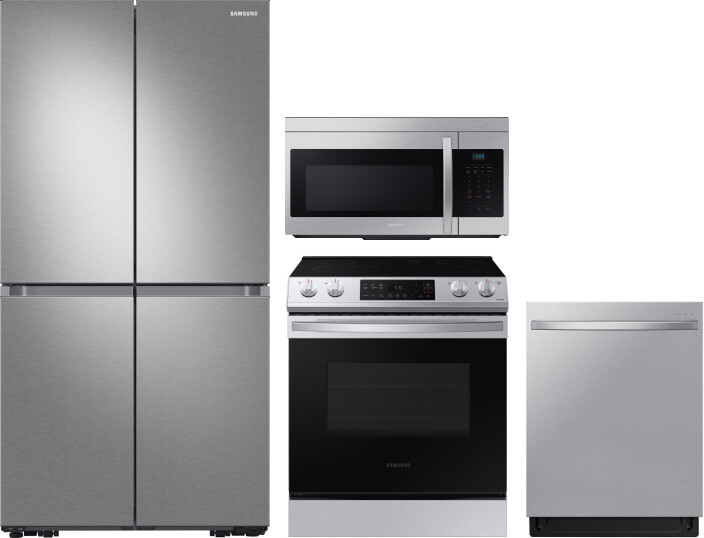 Samsung 4 Piece Kitchen Appliances Package with French Door Refrigerator, Electric Range, Dishwasher and Over the Range Microwave in Stainless Steel S