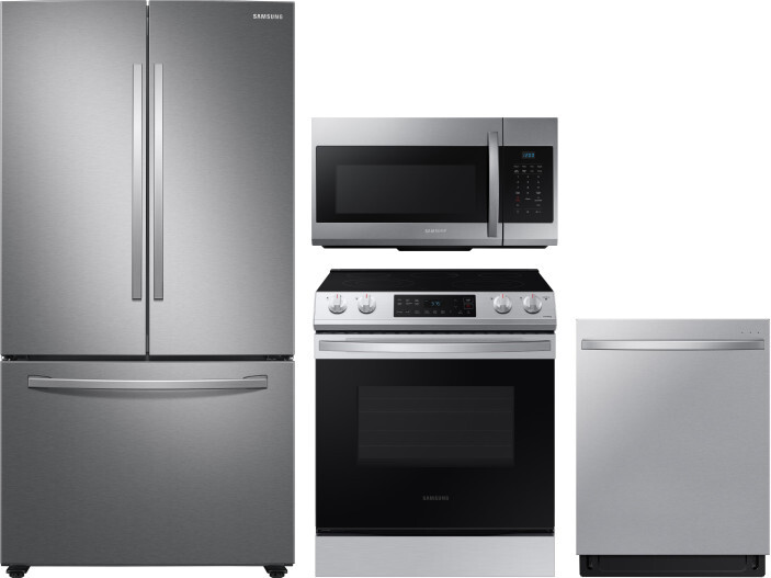 Samsung 4 Piece Kitchen Appliances Package with French Door Refrigerator, Electric Range, Dishwasher and Over the Range Microwave in Stainless Steel S