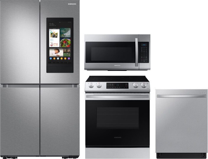 Samsung 4 Piece Kitchen Appliances Package with French Door Refrigerator, Electric Range, Dishwasher and Over the Range Microwave in Stainless Steel S