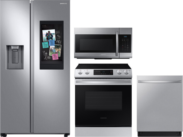 Samsung 4 Piece Kitchen Appliances Package with Side-by-Side Refrigerator, Electric Range, Dishwasher and Over the Range Microwave in Stainless Steel 