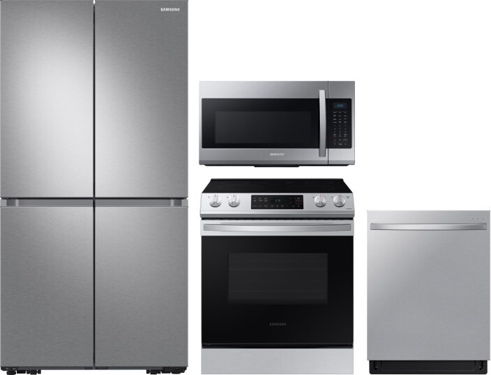 Samsung 4 Piece Kitchen Appliances Package with French Door Refrigerator, Electric Range, Dishwasher and Over the Range Microwave in Stainless Steel S