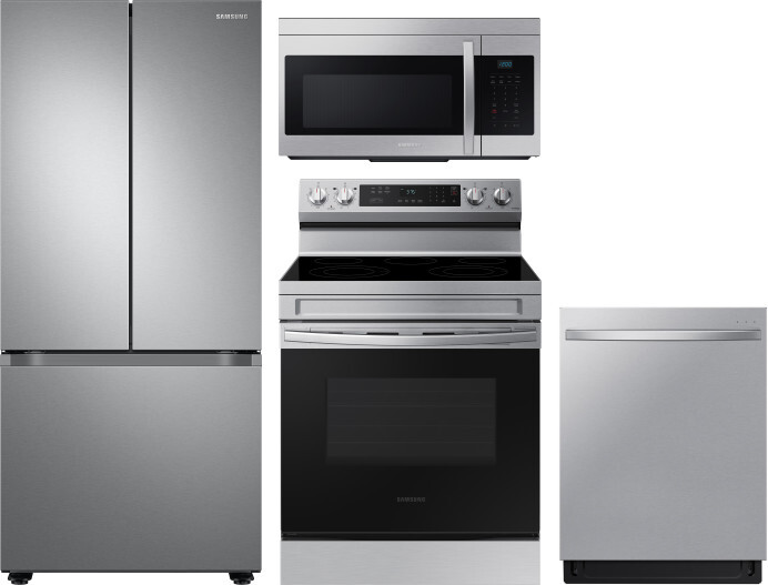 Samsung 4 Piece Kitchen Appliances Package with French Door Refrigerator, Electric Range, Dishwasher and Over the Range Microwave in Stainless Steel S
