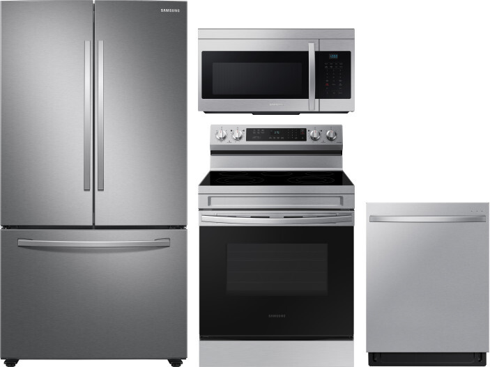 Samsung 4 Piece Kitchen Appliances Package with French Door Refrigerator, Electric Range, Dishwasher and Over the Range Microwave in Stainless Steel S