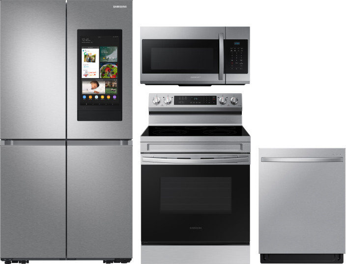 Samsung 4 Piece Kitchen Appliances Package with French Door Refrigerator, Electric Range, Dishwasher and Over the Range Microwave in Stainless Steel S
