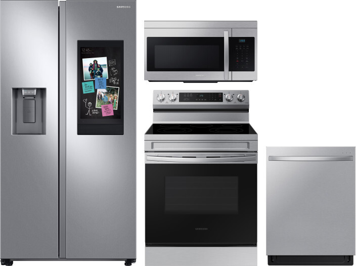 Samsung 4 Piece Kitchen Appliances Package with Side-by-Side Refrigerator, Electric Range, Dishwasher and Over the Range Microwave in Stainless Steel 